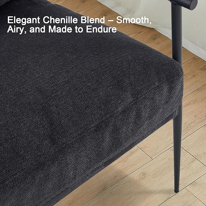 Accent Chair Mid Century Modern Armchair for Living Room,Bedroom,Office,Lounge Comfy Chenille Upholstered Soft Removable Washable Cushions and Pillows,Metal Wood-Grain Armrest Legs,Black