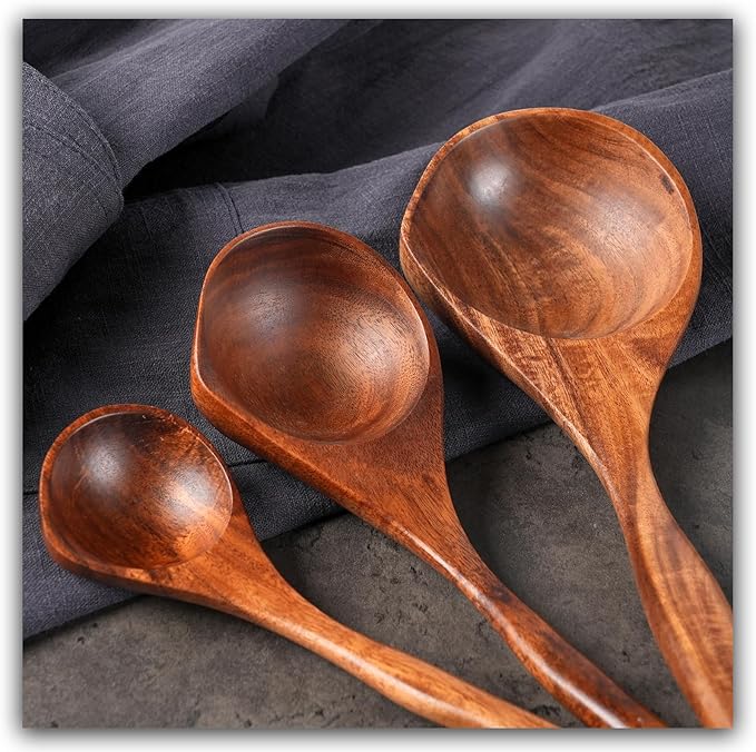 Wooden Ladle Spoon Set, 3 Size Teak Large Soup Ladel Wood Spoons for Cooking Serving Spoon Ladles Wooden Cooking Spoon Long Handle Mixing Spoon Ladle