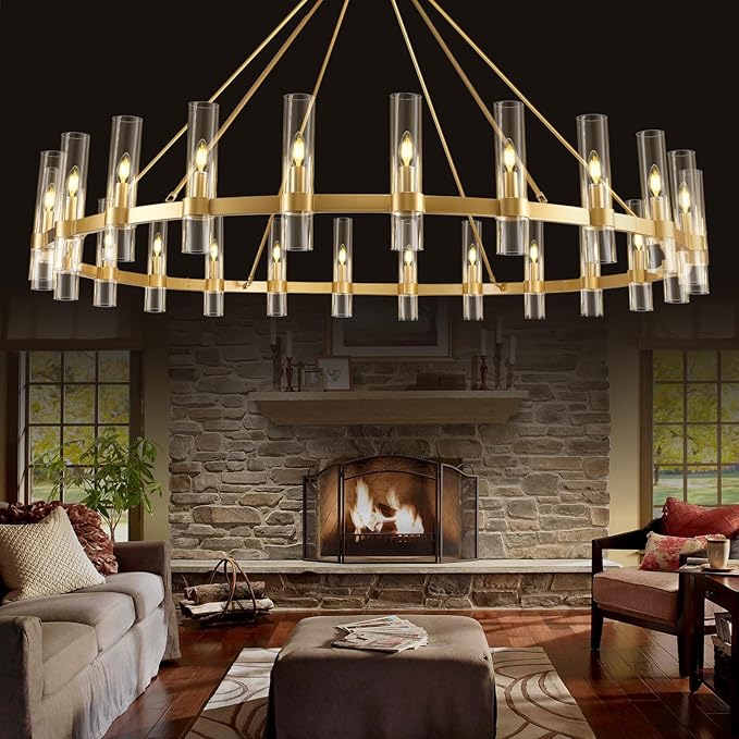 Gold Wagon Wheel Chandelier, 70 Inch Glass Chandeliers, 24 Light Chandelier for High Ceiling, Modern Farmhouse Chandeliers for Living Room, Dining Room, Entryway, Stairwell(Bulbs Included)