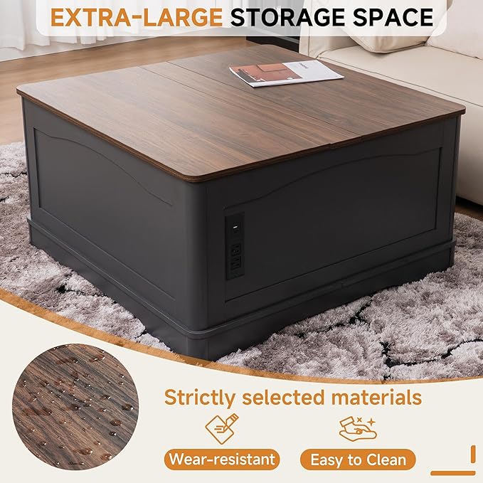 35" Farmhouse Lift Top Coffee Table, Wood Square Center Table with Charging Station, Living Room Table Hidden Storage, Living Room, Bedroom, Office, AC, USB Output (Walnut Black, 35.4 inch)