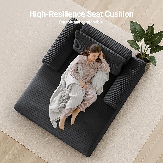 Claiks 68" Oversized Chaise Lounge Chair Indoor, Corduroy Upholstered Boneless Sofa Bed, Deep Seat Sleeper Couch with Pillows and Armrest, Cloud Sofas Reading Chair for Living Room, Black