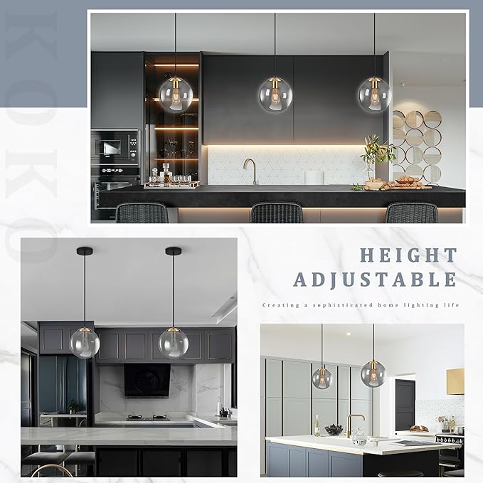KoKo&Yukina 10 Inch Pendant Light Glod Globe Pendant Lights Kitchen Island Mid Century Light Fixture Adjustable Globe Cluster Lights with Grey Glass Shade for Dining Room Living Room