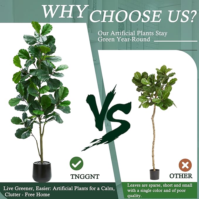 Artificial Fiddle Leaf Fig Tree：6FT Tall Faux Ficus Lyrata Plant Fake Fig Trees Realistic Green Silk Large Leaves with Natural Trunks & Pebbles in Black Planter for Indoor Outdoor Office Home.