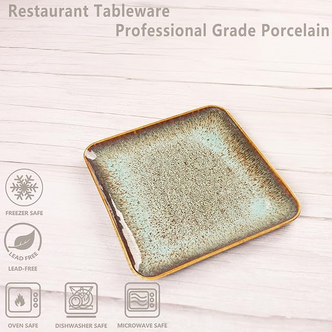 Ceramic Dinner Plates Dish Set,Set of 4,for Lunch snacks -Microwave Oven & Dishwasher Safe,Scratch Resistant,Dinnerware Kitchen Porcelain Serving Dishes,9 inch Square