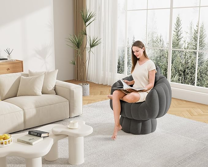 Mid Century Modern 360 Degree Barrel Swivel Accent Sofa Chair,Fluffy Velvet Fabric Lounge Wide Upholstered Pumpkin Reading Chair, Round Cloud Armchair for Living Room,Bedroom,Vanity(Gray)