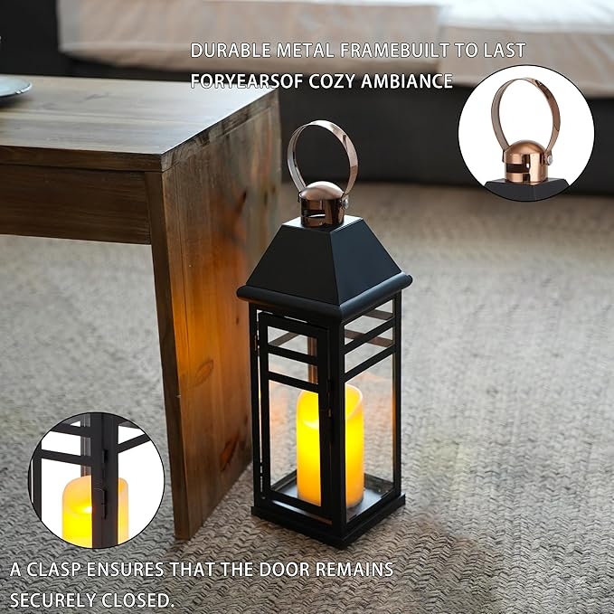 TRIROCKS Decorative Vintage Candle Lanterns 15.5" H Farmhouse Outdoor Hanging Lanterns with Tempered Glass for Porch, Balcony, Patio, Home, Centerpieces, Indoor, Outdoor(Black with Gold top)