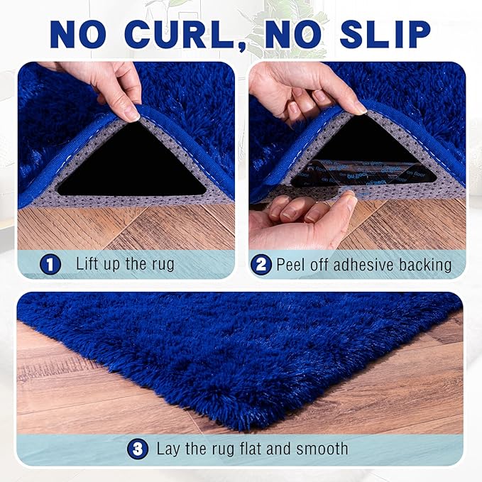 4x6 Area Rug for Bedroom, Blue Rugs for Living Room Nursery Kids Room Dorm Home Decor Aesthetic, Fluffy Shaggy Rug with 4 Anti-Slip Carpet Tapes, Navy Blue