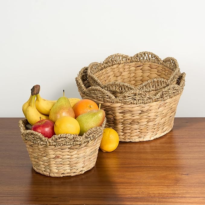 Isidore Water Hyacinth Storage Baskets, Round Woven Set of 3, Natural Brown, Multi-Use for Kitchen and Bathroom