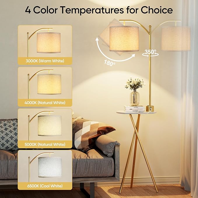 ROTTOGOON Floor Lamp with Table, End Table Lamp with Remote Control and Charging Station(USB & Type-C & AC Port), 4 Color Temperatures, Floor Lamps for Living Room, Bedroom and Home Office,Gold