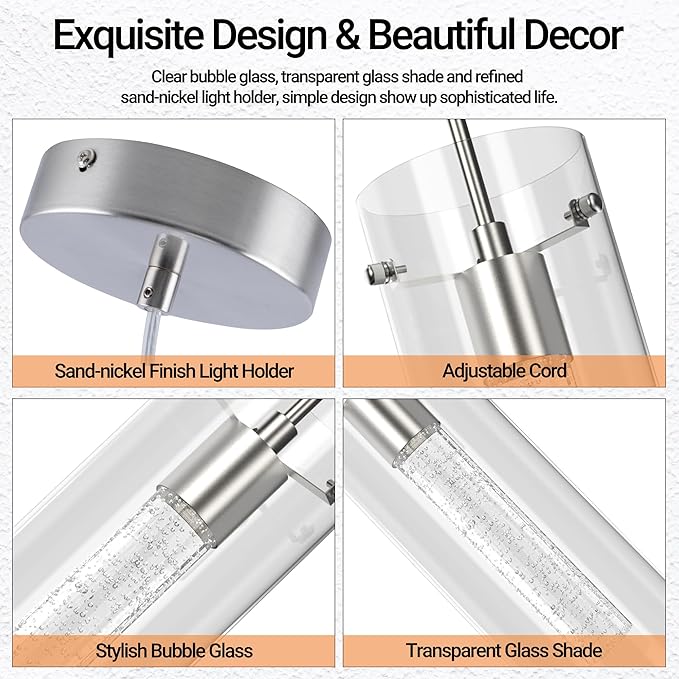 Pendant Ceiling Light Fixture - LED Crystal Pendant Lights for Kitchen Island, Modern Island Light with Bubble Glass - 3 Pack