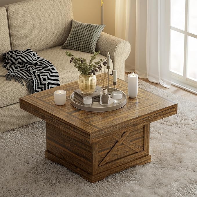 Coffee Table 31.5 in Rustic Center Table with X Design Wooden Pedestal for Living Room, Easy Assembly Small Square Home Office Tea Accent Table for Dining Room Apartment, Walnut