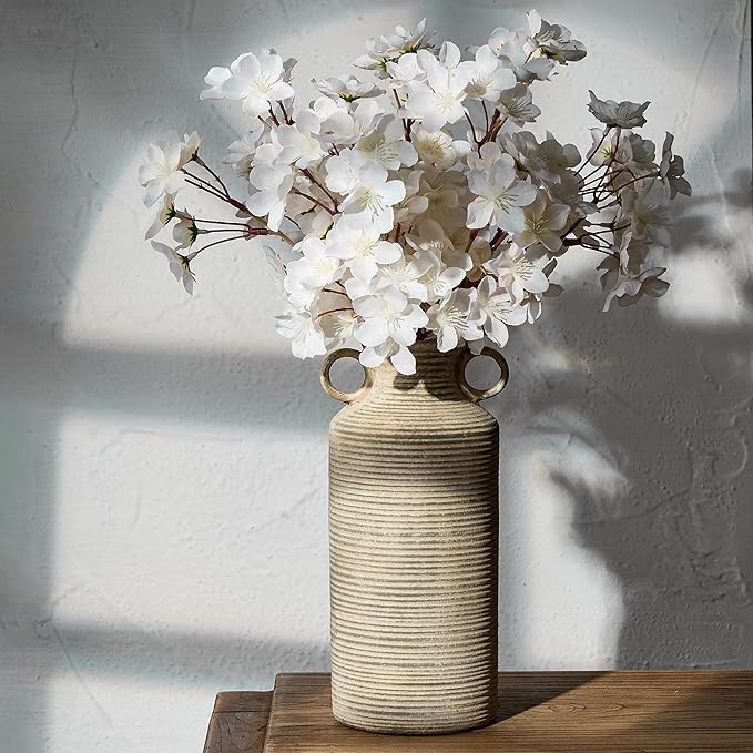 Ceramic Rustic Vase with 2 Round Handles, Antique Farmhouse Flower Vase, Vintage Terracotta Vases for Home Decor, Wedding, Living Room, Table, Shelf Decor - 10.2 Inch Tall, Terra