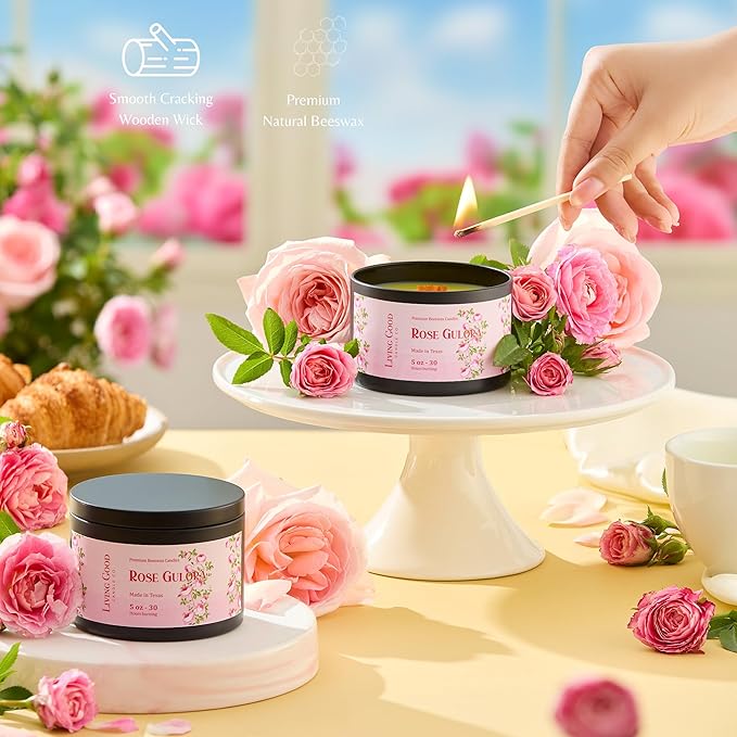 Tranquility & Rose Gulora Pure Beeswax Candle Bundle – 30+ Hours Long Burning Classically Designed Non-Toxic Scented Candles for Home Decor and Aromatherapy with Natural Fragrance - 5 oz (Each)
