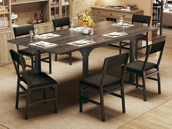 7-Piece Dining Table Set for 4-6, Extendable Kitchen Table Cushion Chairs Set of 6 with 6 Chairs, Rectangle Dining Table with Metal Frame & MDF Board, Folding for Small Apartment Saving Space,Grey Oak