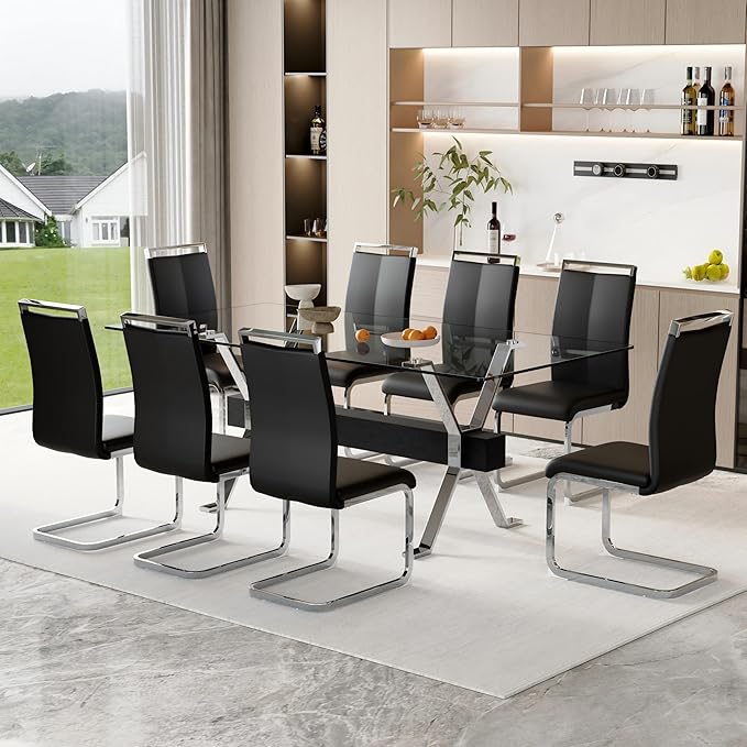 9 Piece Glass Dining Table Set, 79" Modern Dining Table Set for 8, 0.5" Thick Tempered Glass Tabletop with Silver Chrome Metal Legs and Black Crossbar, 8 PU Chairs for Dining Room, Kitchen