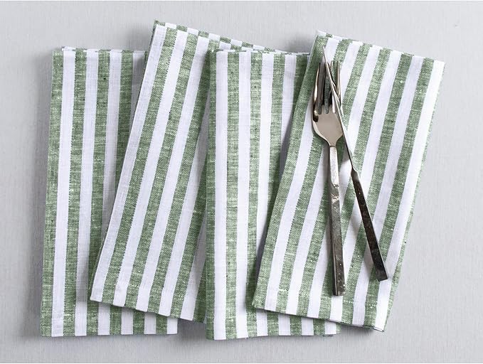Solino Home Linen Cloth Napkins Set of 4-100% Pure Linen Green and White Striped Dinner Napkins 20 x 20 Inch for Fall, Autumn, Christmas - Amalfi Stripe, Handcrafted and Machine Washable