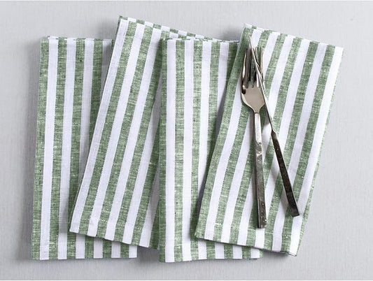 Solino Home Linen Cloth Napkins Set of 4-100% Pure Linen Green and White Striped Dinner Napkins 20 x 20 Inch for Fall, Autumn, Christmas - Amalfi Stripe, Handcrafted and Machine Washable