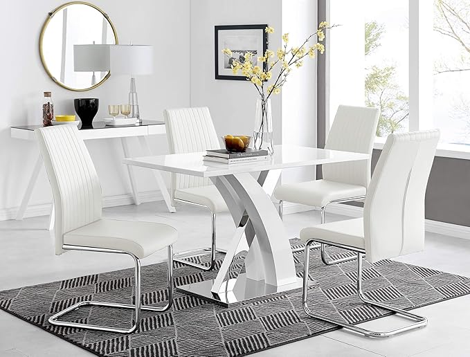 Atlanta White High Gloss and Chrome Metal Rectangle Dining Table and 4 White Lorenzo Dining Chairs Set