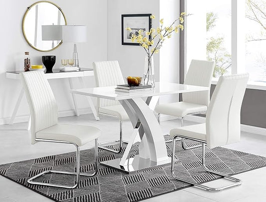 Atlanta White High Gloss and Chrome Metal Rectangle Dining Table and 4 White Lorenzo Dining Chairs Set