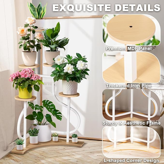 6-Tier Corner Plant Stand, Indoor Plant Stand with L-shaped Base, Aesthetic Metal Plants Shelf for Multiple Plants Flower Pot, MDF Outdoor Plant Holder for Patio Balcony (White)