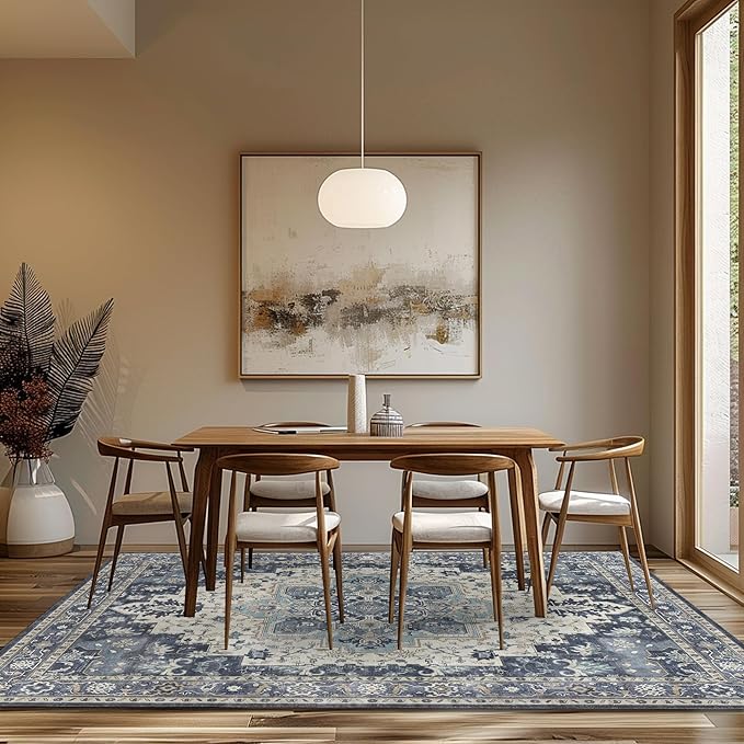 GENIMO 9x12 Area Rugs for Living Room, Machine Washable Non Slip Vintage Rugs, Low Pile Lightweight Chenille Print Rug for Bedroom, Dining Room, Home Office, Center Blue