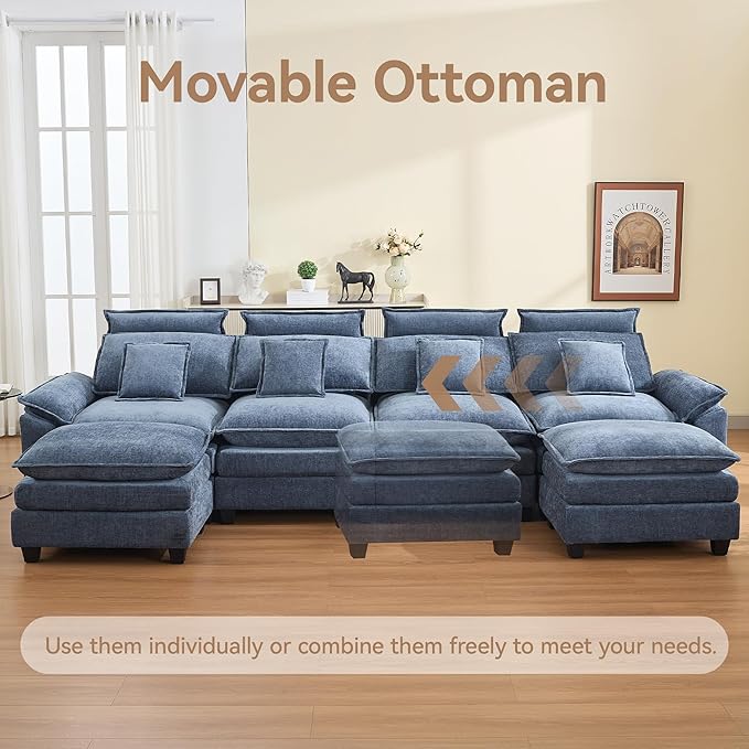 134'' Cloud Modern 4 Seater Couch with Detachable Headrest, Modular Sectional Sofa with 2 Ottoman, Oversized U Shape Chenille Comfy Sofa with Armrests for Living Room, Blue