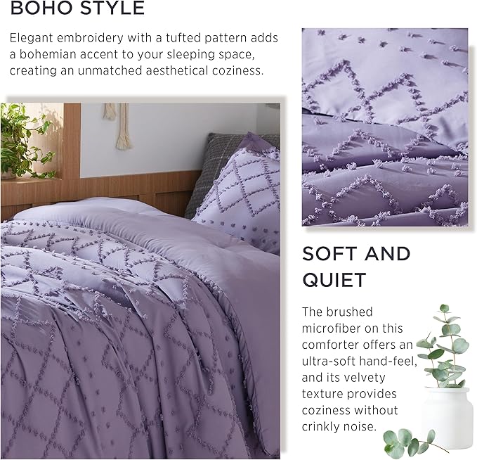 Bedsure Twin Comforter Set - Grayish Purple Boho Twin Comforter, Shabby Chic Dorm Bedding Set for Kids, 2 Pieces Modern Farmhouse Bed Set, Includes 1 Pillow Sham