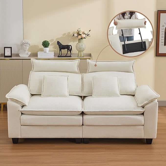 72'' Cloud Modern Loveseat Couch with Detachable Headrest, Modular Sectional Sofa Couch Deep Love Seat, Oversized 2 Seater Chenille Comfy Sofa with Armrests for Living Room, Beige