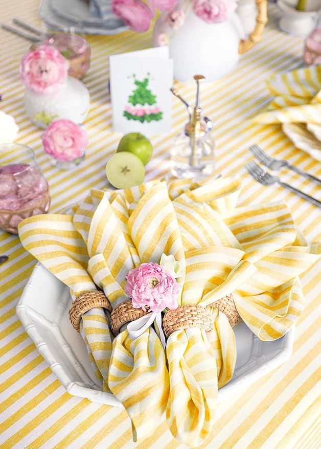Solino Home Linen Napkins Set of 4-100% Pure Linen Amalfi Stripe Primrose Yellow and White Cloth Dinner Napkins 20 x 20 Inch - Handcrafted and Machine Washable