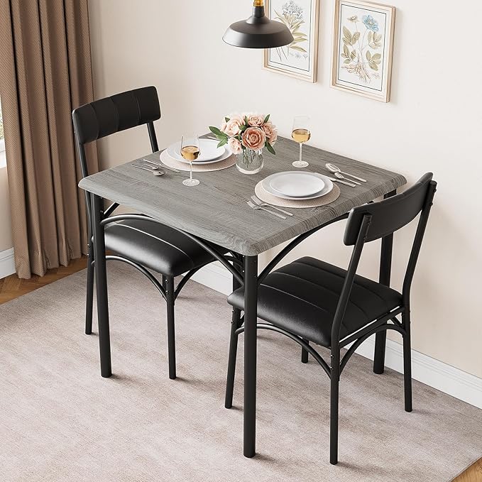 GAOMON Dining Table Set for 2, Kitchen Table with Upholstered Chairs for 2, Small Dining Room Table Set, Square Kitchen Table Set for Small Space, Apartment, Home, Studio, Rustic Grey