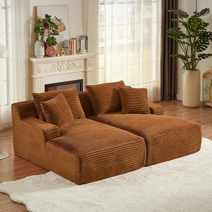 GNIXUU 78.8" Oversized Double Chaise Lounges Indoor, 2 Pieces Comfy Corduroy Chaise Lounge Chair Cloud Boneless Couch, Fluffy Upholstered Sleeper Loveseat Bed for Living Room Bedroom Reading(Orange)