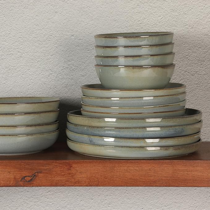 Gibson Elite Berea 16 Piece (Service for 4) Plates and Bowls Reactive Glaze Round Dishes Stoneware Ceramic Dinnerware Set -Green