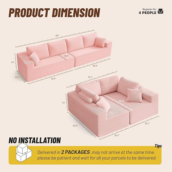138" Modular Sofa Memory Foam Sectional Couches for Living Room, Sleeper Sofa Bed, Corduroy, Pink