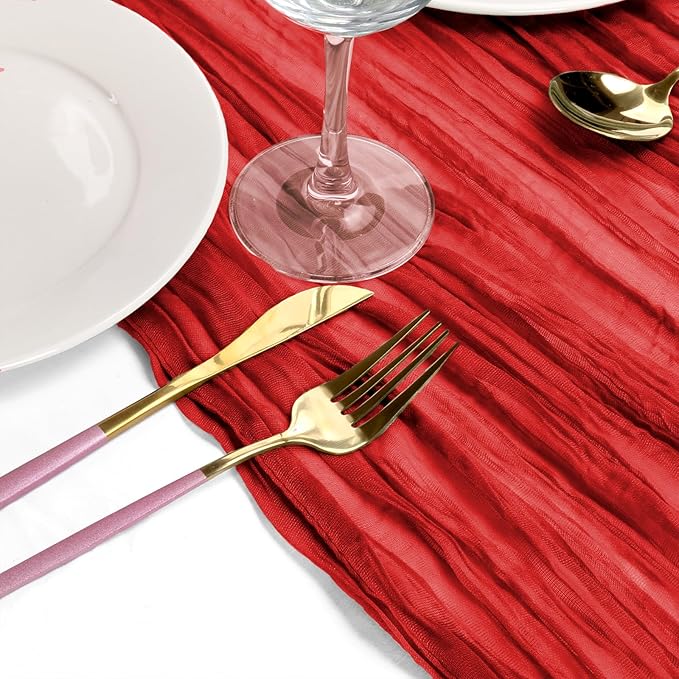 8 Pack Red Cheesecloth Table Runner 35x120 Inches Boho Gauze Rustic Christmas Cheese Cloth Table Runners 10ft Long Romantic Sheer Table Runner for Wedding Bridal Baby Shower Party Decor