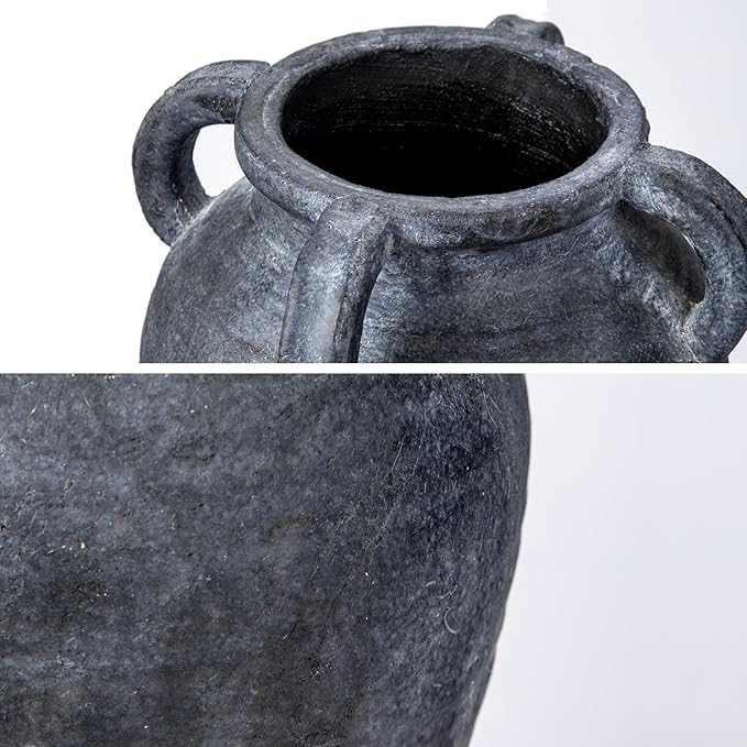 Handmade Flower Vase, 9.8" Tall Terracotta Vase, Vintage Ceramic vase, Rustic Antique Decor with 4 Handles, Wide Mouth, Matte Finish for Home Office Resto Café Décor