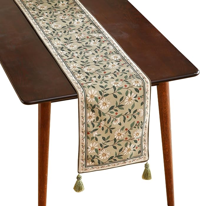 Designer Green Elegant Linen Table Runner 71 Inches Long,Flower and Leaves Pattern Wrinkle Resistant Table Runners for Dining Tables,Thanksgiving,Kitchen Tables,Christmas,12"*71"-Brune