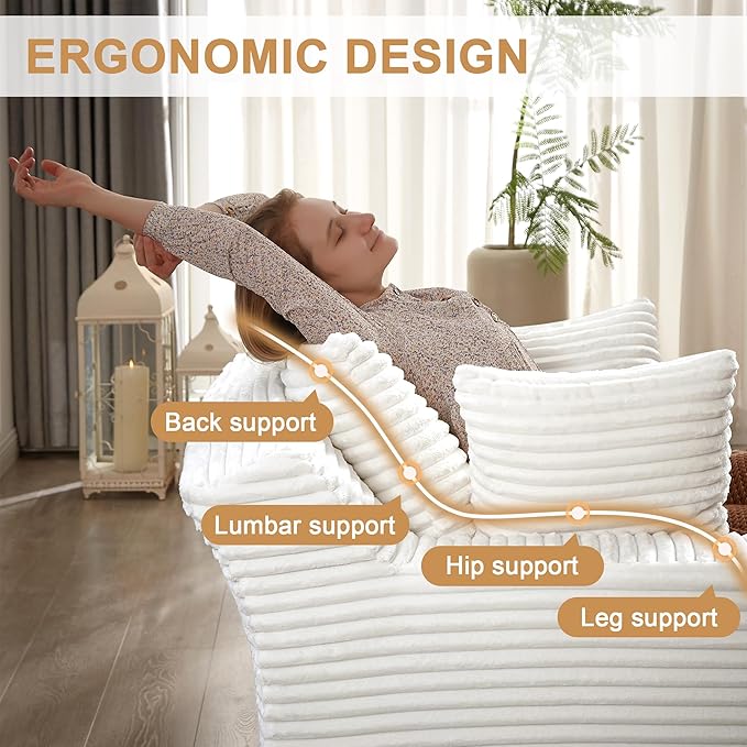 Boneless Couch Sofa Chiar Chaise Lounge Chair Indoor Upholstered Corduroy Couch Cloud Sleeper Sofa Oversized Reading Chair for Living Room No Assembly Required (White, 50" W x 67" D)