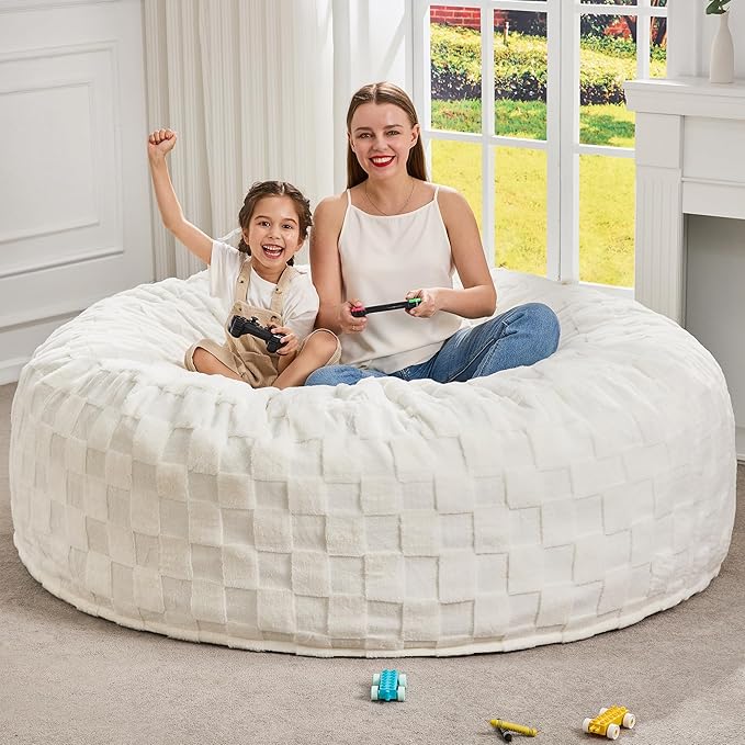 Hobestluk Bean Bag Chairs Beanbag Chair with Filler Adult Bean Bags with Fluffy Cover, Giant Bean Bag Chairs for Adults for Living Room, Bedroom (White, 6FT - 70" x 70" x 15")