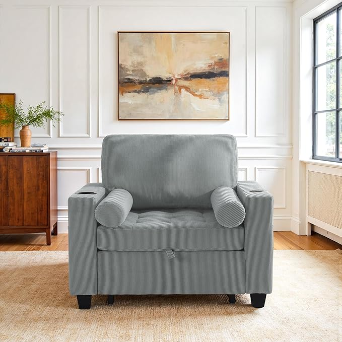 UIXE 3-in-1 Sleeper Sofa Chairs Set of 2, Pull Out Sofa Bed Convertible Reclining Seat Upholstered Armchair, Adjustable Backrest Recliner Chair with Side Pockets, Cup Holder & USB Ports - Gray