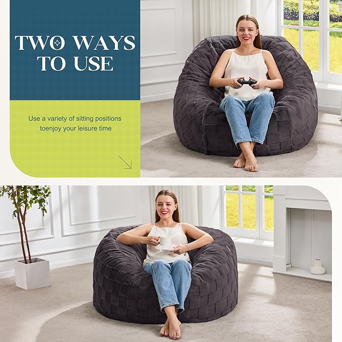 Hobestluk Bean Bag Chairs Beanbag Chair with Filler Adult Bean Bags with Fluffy Plaid Cover, Giant Bean Bag Chairs for Adults for Living Room, Bedroom (Dark Grey, 3FT - 36” x 36” x 22”)