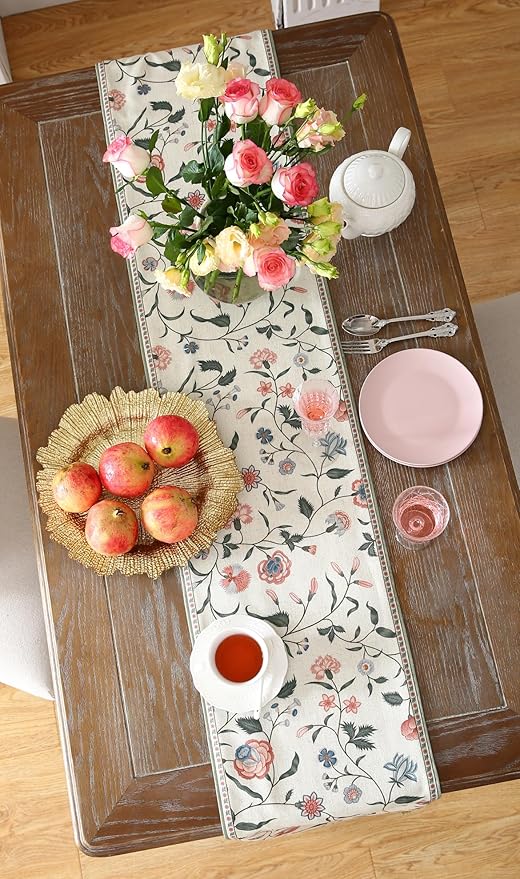 ISAENNE Designer Chinoiserie Elegant Linen Floral Extra Long Table Runner 118 Inches,White Wrinkle Resistant Table Runners for Dining Tables,Thanksgiving,Kitchen Tables,Christmas,12"*118"-Daffy A