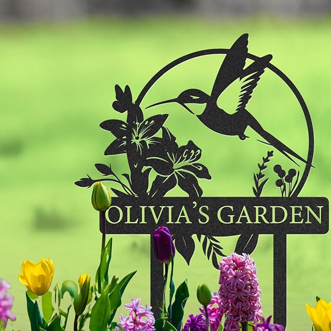 Custom Metal Garden Sign, Personalized Name Sign for Garden, Hummingbird Yard Decor, Outdoor Yard Stakes, Gifts for Plant Lovers
