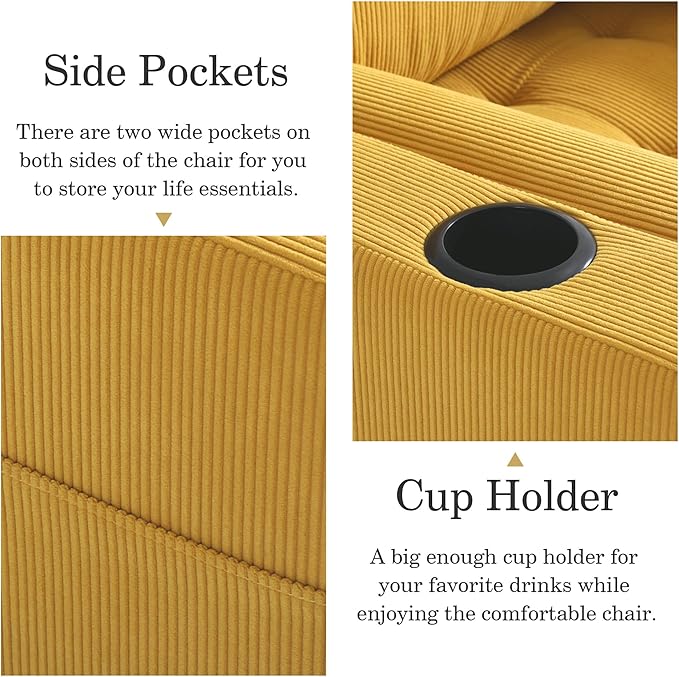 UIXE 3-in-1 Sleeper Chair Pull Out Sofa Bed, Convertible Reclining Seat Upholstered Armchair, Adjustable Backrest Recliner Chair with Side Pockets, Cup Holder & USB Ports - Yellow