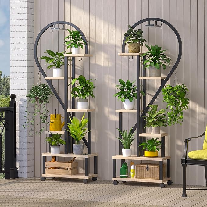 Bestier Plant Stand Indoor with Grow Lights, 6 Tiered Metal Plant Shelf for Indoor Plants Multiple, Half Heart Shape Plant Rack with Wheels, Large Plant Holder for Home Patio Balcony (2 Pcs, Oak)