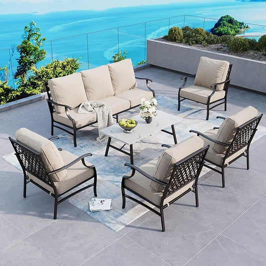 6 Piece Metal Outdoor Patio Furniture Set, Patio Conversation Sets 1 3-Seater Sofa, 4 Fixed Chairs with 5.75" Thick Cushion and Coffee Table, Backyard Furniture Set for Deck, Beige