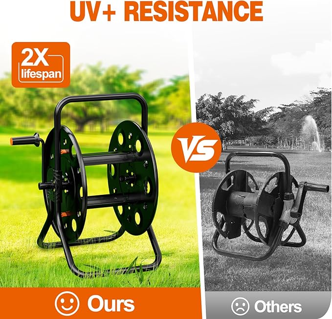 Metal Garden Hose Reel, Portable Outdoor Floor Stable Water Pipe Holder Freestanding, Holds 100-150 Ft of Hose Storage Capacity, UV Resistance, Hose Winder for Outside, Irrigation, Cleaning