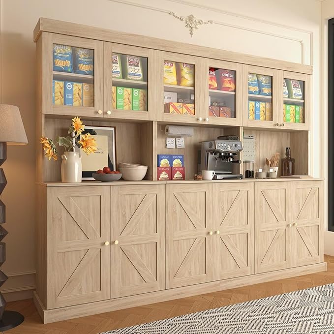 71" Farmhouse Kitchen Pantry Cabinet Set of 3, Brown Freestanding Coffee Bar with Glass Doors, Microwave Stand, Large Storage Hutch with Adjustable Shelves for Kitchen or Living Room