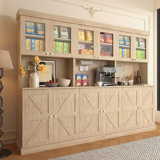 71" Farmhouse Kitchen Pantry Cabinet Set of 3, Brown Freestanding Coffee Bar with Glass Doors, Microwave Stand, Large Storage Hutch with Adjustable Shelves for Kitchen or Living Room