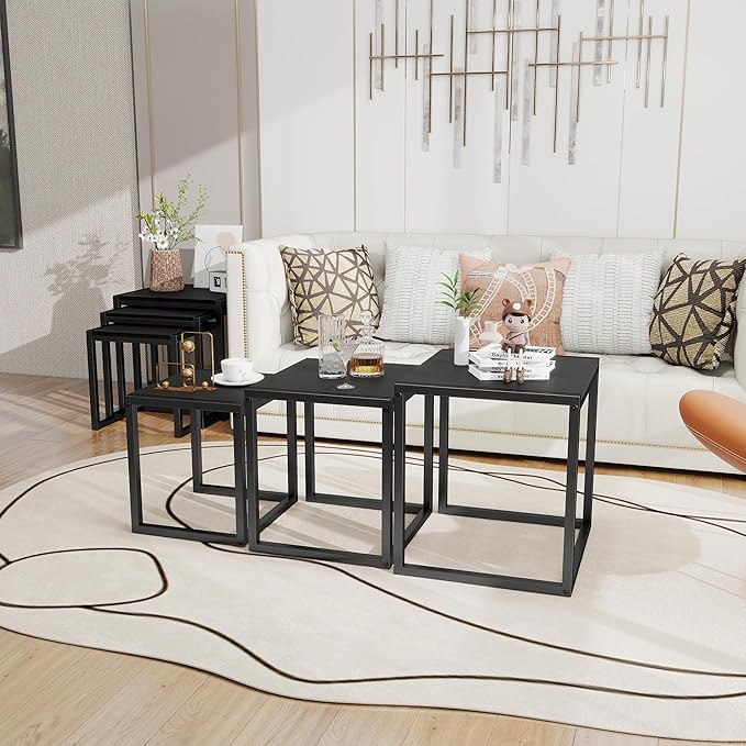Nesting Table Set of 3 Side Tables, Modern Coffee Table Stacking End Table with Metal Frame，Black
