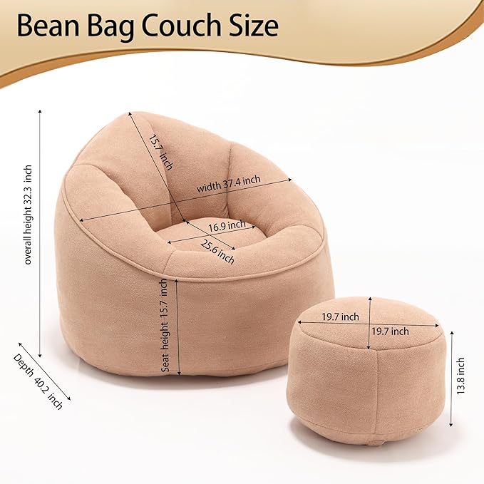 Bean Bag Sofa Chair with Foam Padded Velvet Bean Bag Chair with Soft Foam Padded Ottoman